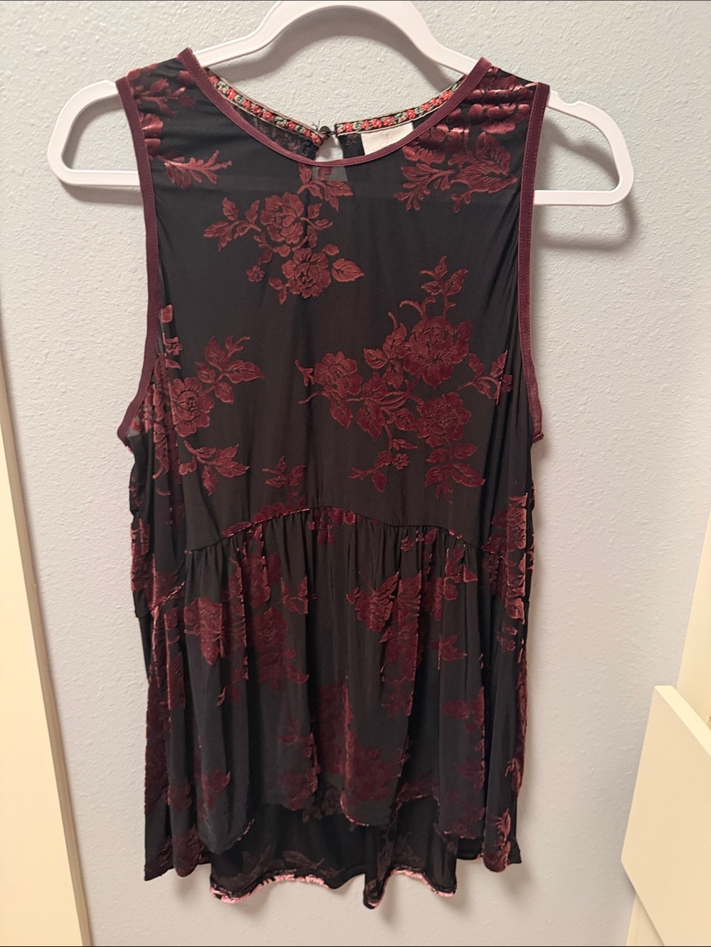 Knox Rose Black Tank with Burgundy Floral Burnout